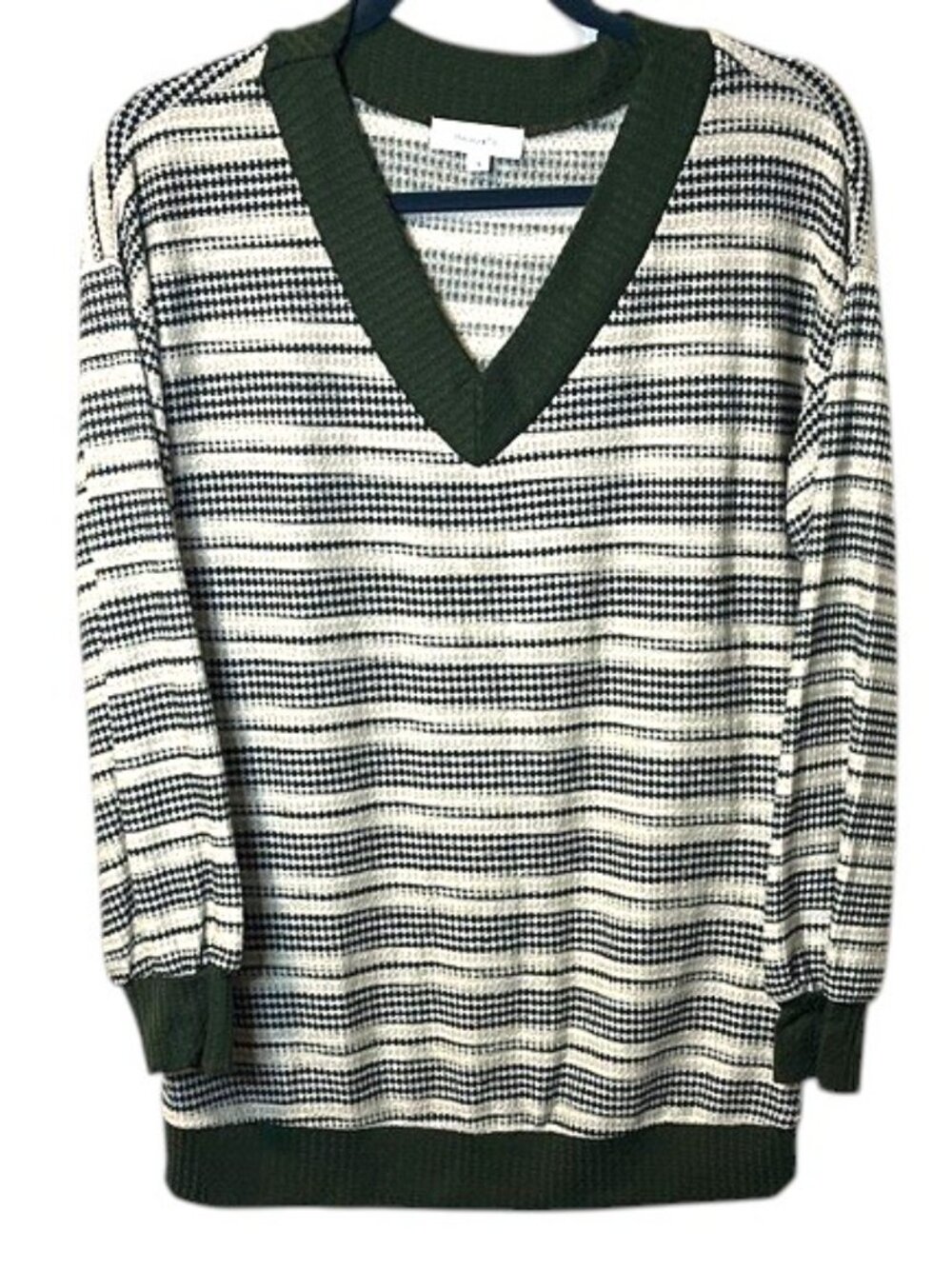 Hailey & Co. Striped V-Neck Sweater in Green and Cream, Size S